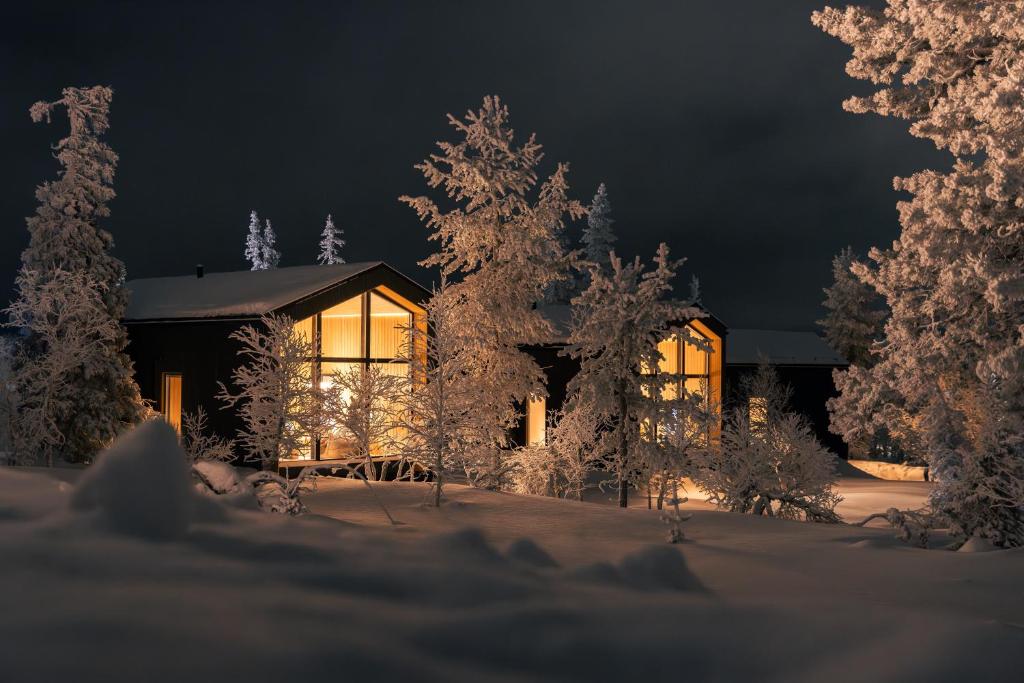 Lodge de nuit en Finlande sous la neige