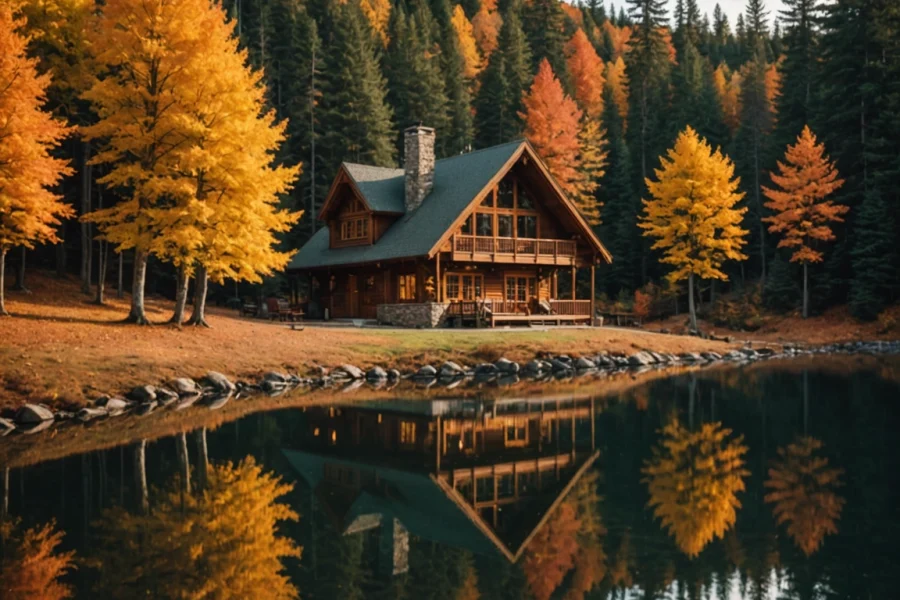“partir en lodge en forêt en automne”, “vue sur les montagnes dorées”